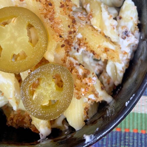 Penne pasta in a white sauce with brown bread crumbs and jalapeño slices on top in a black bowl with a plaid background